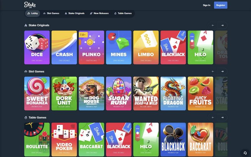 Selection of Casino Gamings and Pokies at Stake